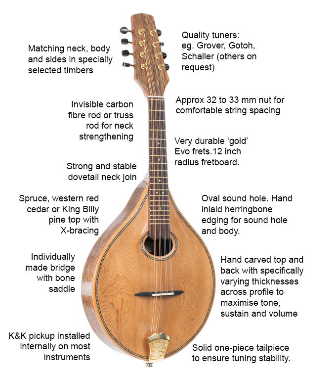 Andrew Tatnell mandolin feature list: matching neck, body and sides in specially selected timbers; invisible carbon fibre rod for neck strengthening; strong and stable dovetail neck join; old growth red spruce or King Willian pine top with x-bracing; K&K pickup installed on many instruments.